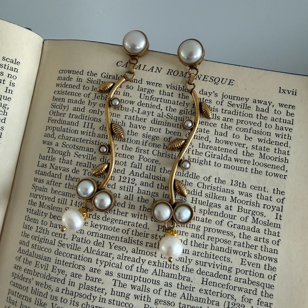 Romantic Gold Vine Pearl Drop Statement Earrings Coquette Bridal Cottagecore